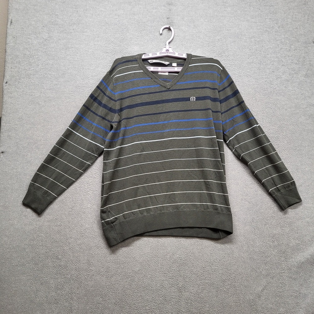 Travismathew Men Sweatshirt L Olive Acrylic Nylon Striped Golf V Neck